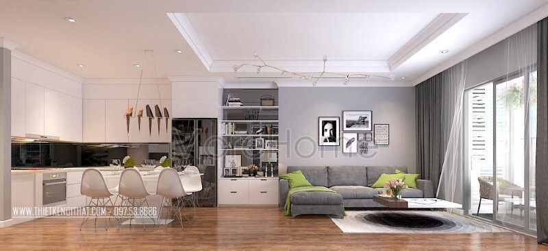 Nội thất phòng khách chung cư hiện đại được trang trí để tạo ra một cảm giác ấn tượng.
